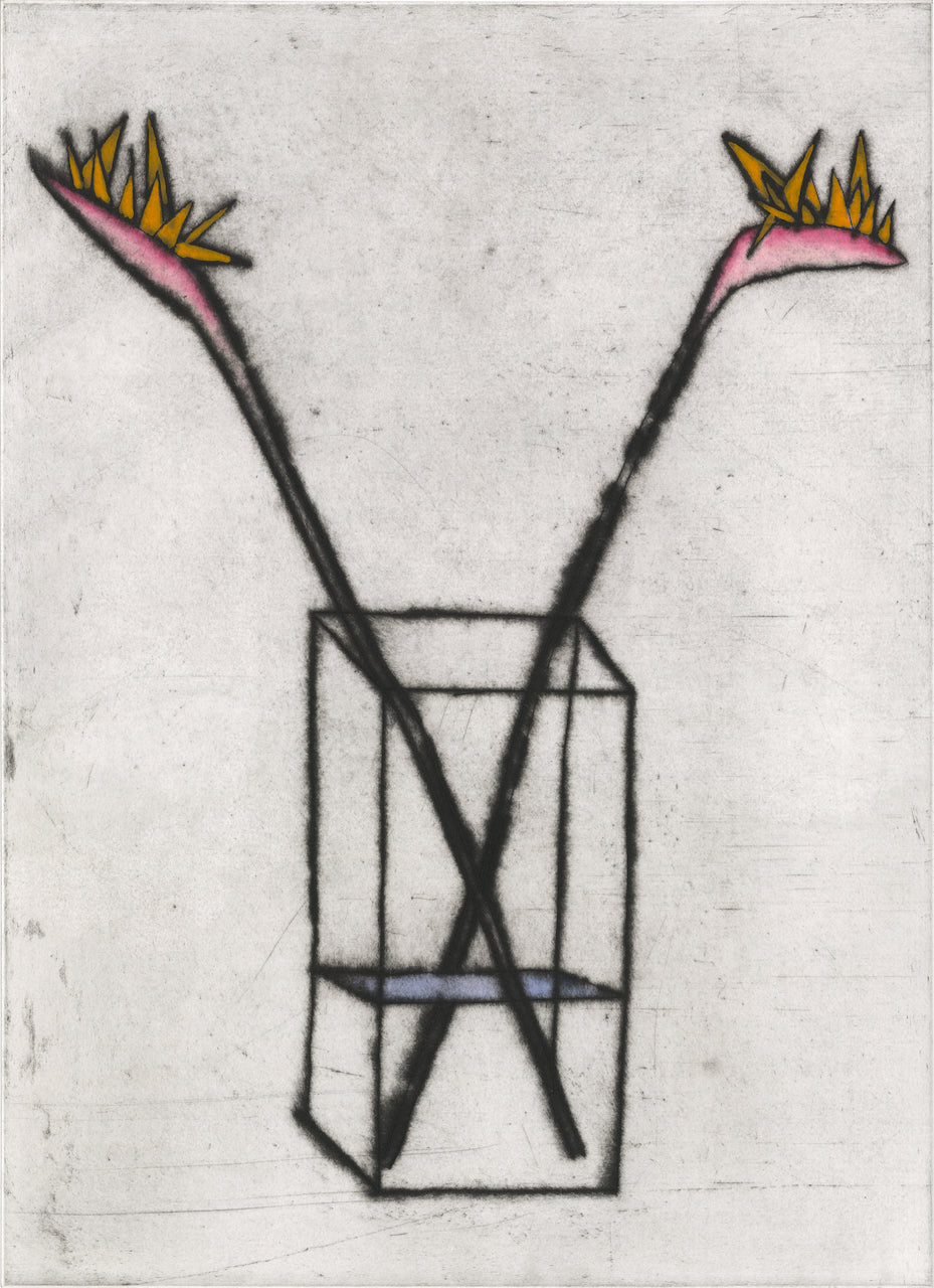 Bird of Paradise - Limited Edition drypoint and watercolour fine art print by artist Richard Spare depicting two Bird of Paradise flowers in a rectangular glass vase