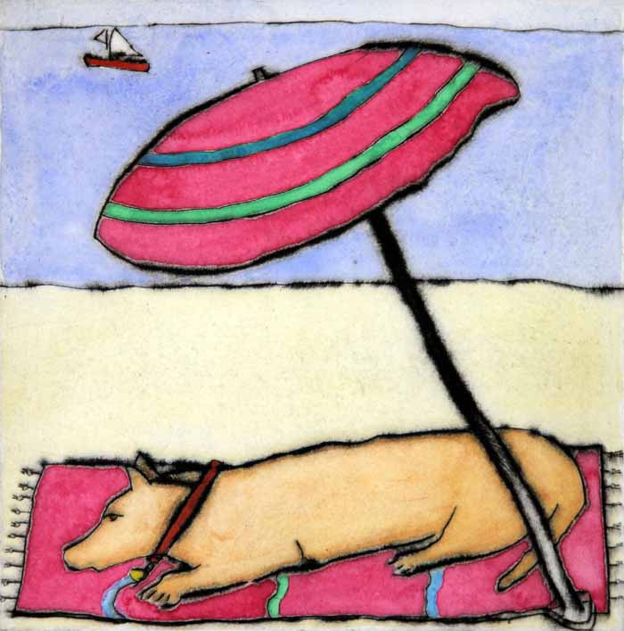 Afternoon Nap - Limited Edition drypoint and watercolour fine art print by artist Richard Spare