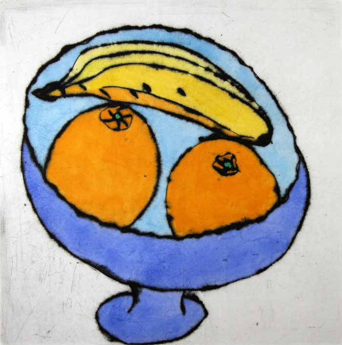 Banana and Oranges - Limited Edition drypoint and watercolour fine art print by artist Richard Spare