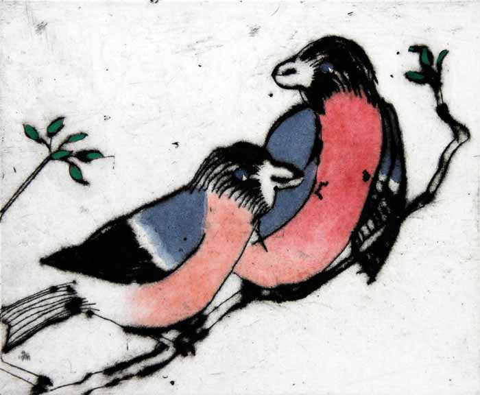 Bullfinches - Limited Edition drypoint and watercolour fine art print by artist Richard Spare