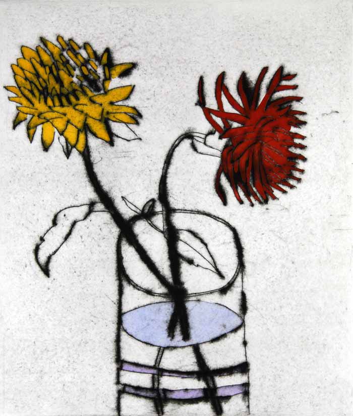 Cactus Dahlias - Limited Edition drypoint and watercolour fine art print by artist Richard Spare