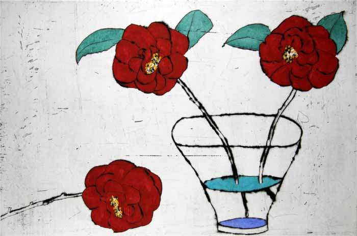 Camellias Awakening - Limited Edition drypoint and watercolour fine art print by artist Richard Spare