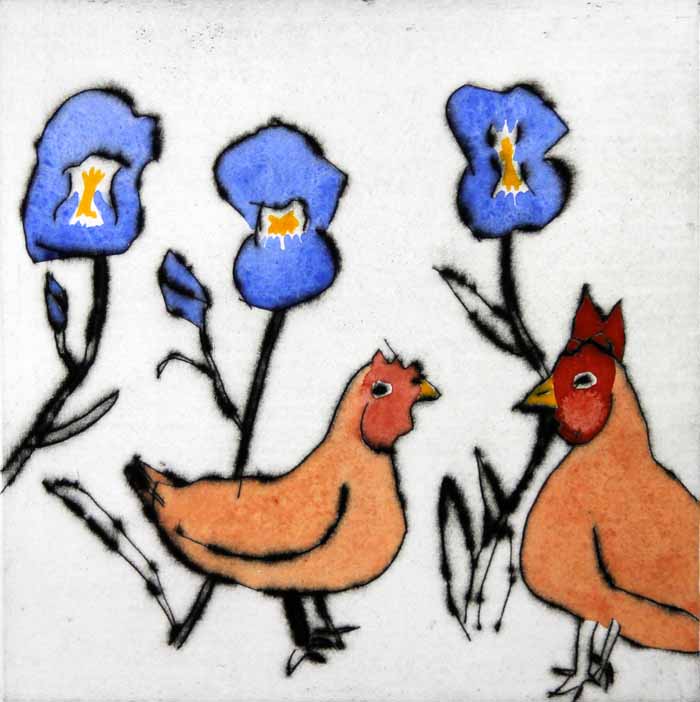 Chickens Among the Flowers - Limited Edition drypoint and watercolour fine art print by artist Richard Spare