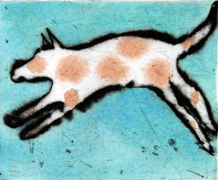 Dancing Dog - Limited Edition drypoint and watercolour fine art print by artist Richard Spare