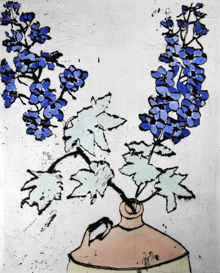 Delphiniums - Limited Edition drypoint and watercolour fine art print by artist Richard Spare