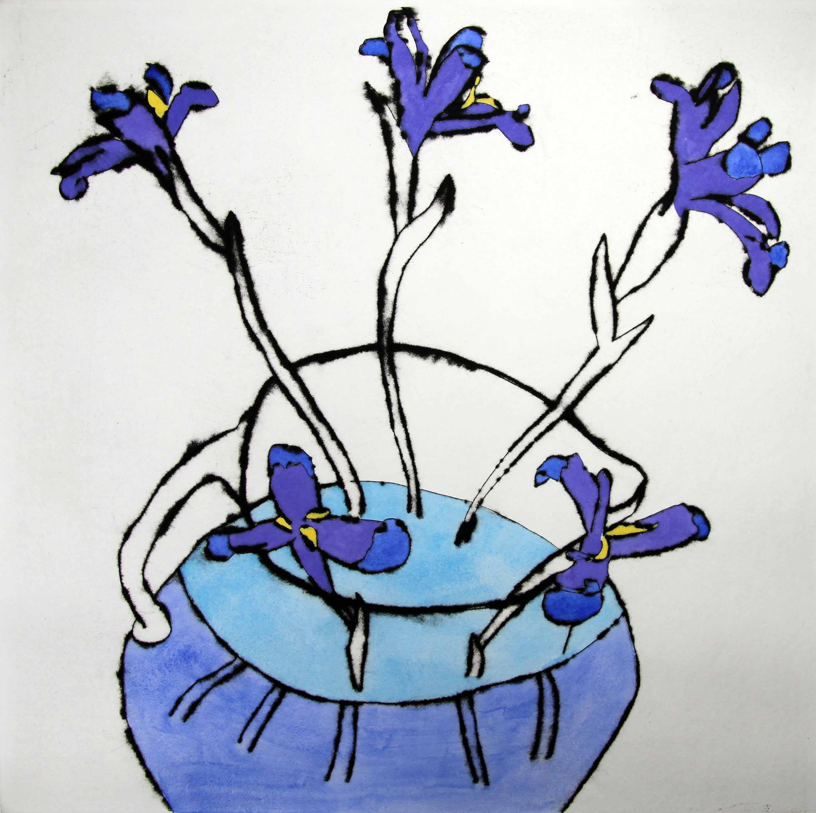 Five Irises - Limited Edition drypoint and watercolour fine art print by artist Richard Spare
