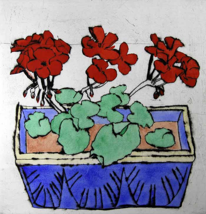 Geraniums - Limited Edition drypoint and watercolour fine art print by artist Richard Spare