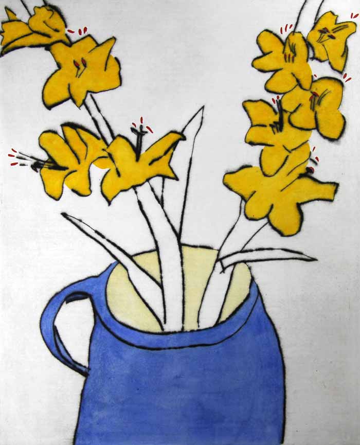 Glorious Gladioli - Limited Edition drypoint and watercolour fine art print by artist Richard Spare