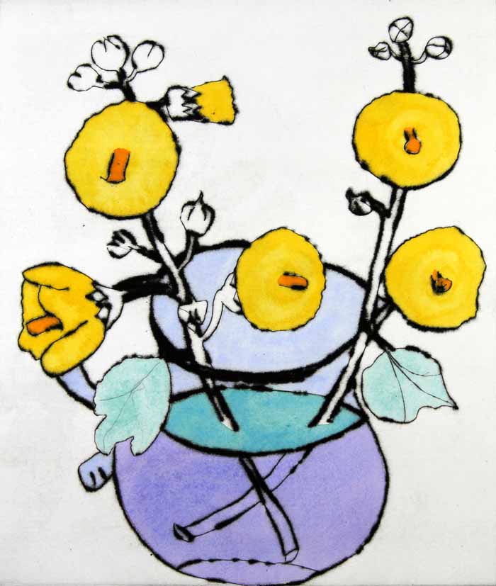 Golden Hollyhocks - Limited Edition drypoint and watercolour fine art print by artist Richard Spare