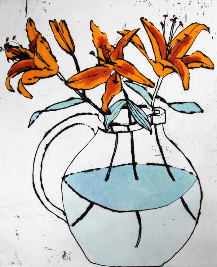 Golden Lilies - Limited Edition drypoint and watercolour fine art print by artist Richard Spare