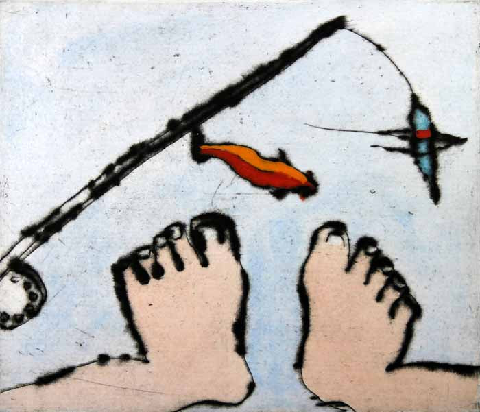 Gone Fishing - Limited Edition drypoint and watercolour fine art print by artist Richard Spare