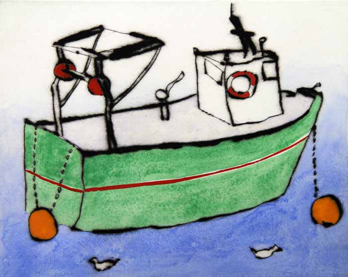 Green Boat - Limited Edition drypoint and watercolour fine art print by artist Richard Spare