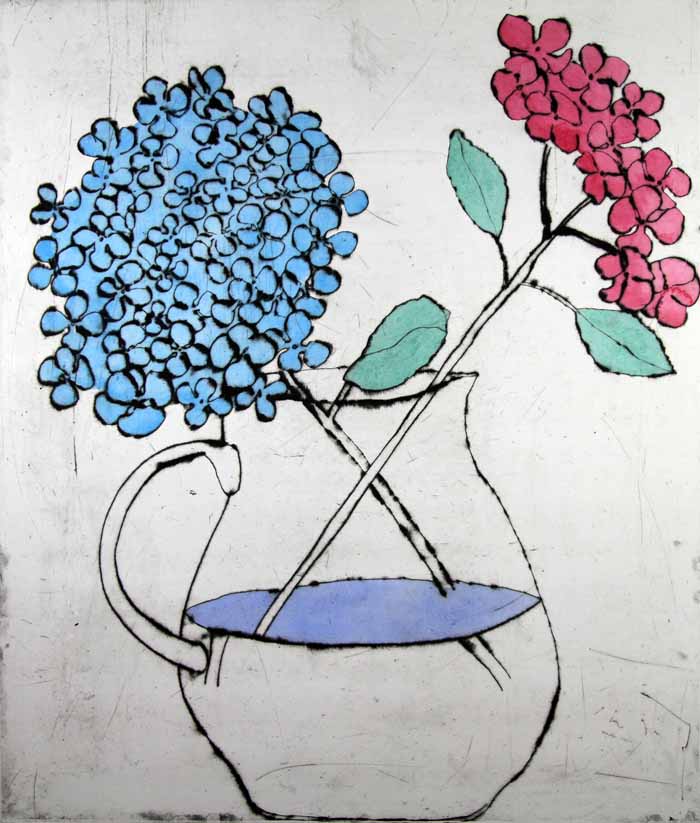 Hydrangea - Limited Edition drypoint and watercolour fine art print by artist Richard Spare