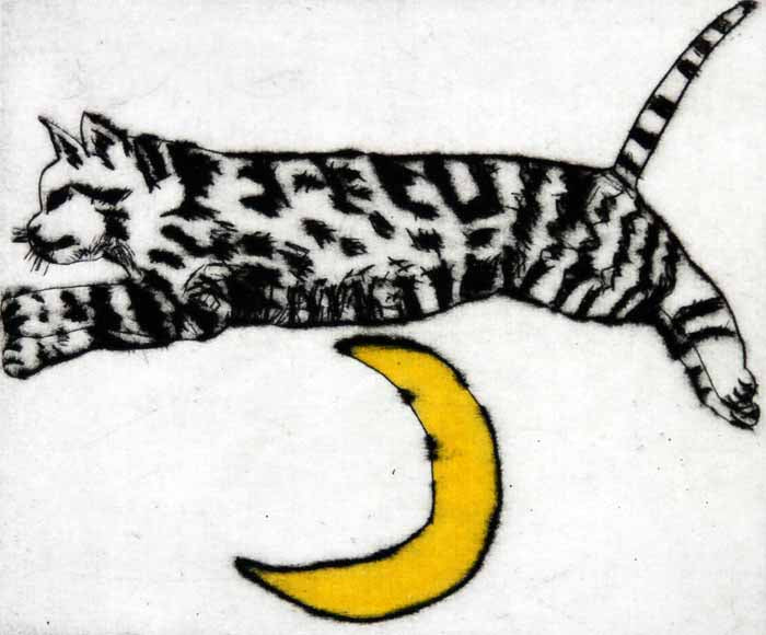 Leaping the Moon - Limited Edition drypoint and watercolour fine art print by artist Richard Spare