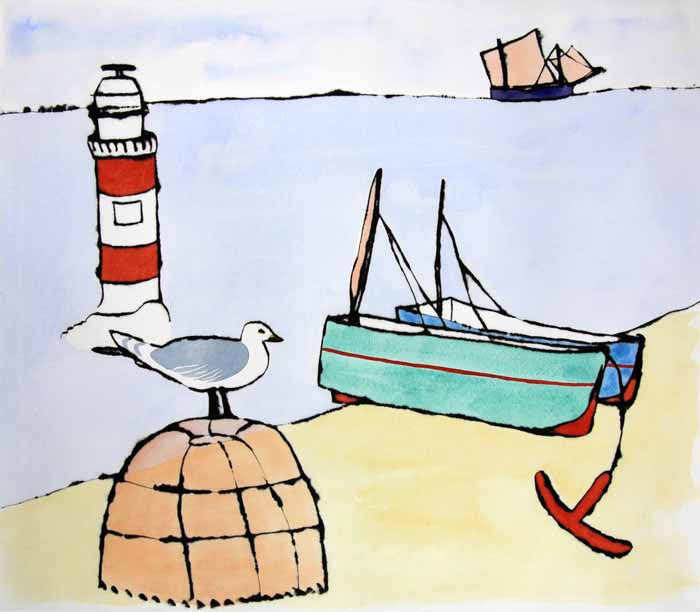 Lobster Pot and Lighthouse - Limited Edition drypoint and watercolour fine art print by artist Richard Spare