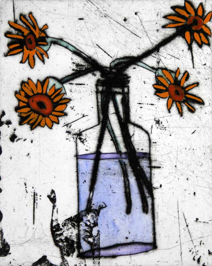 Marigolds - Limited Edition drypoint and watercolour fine art print by artist Richard Spare