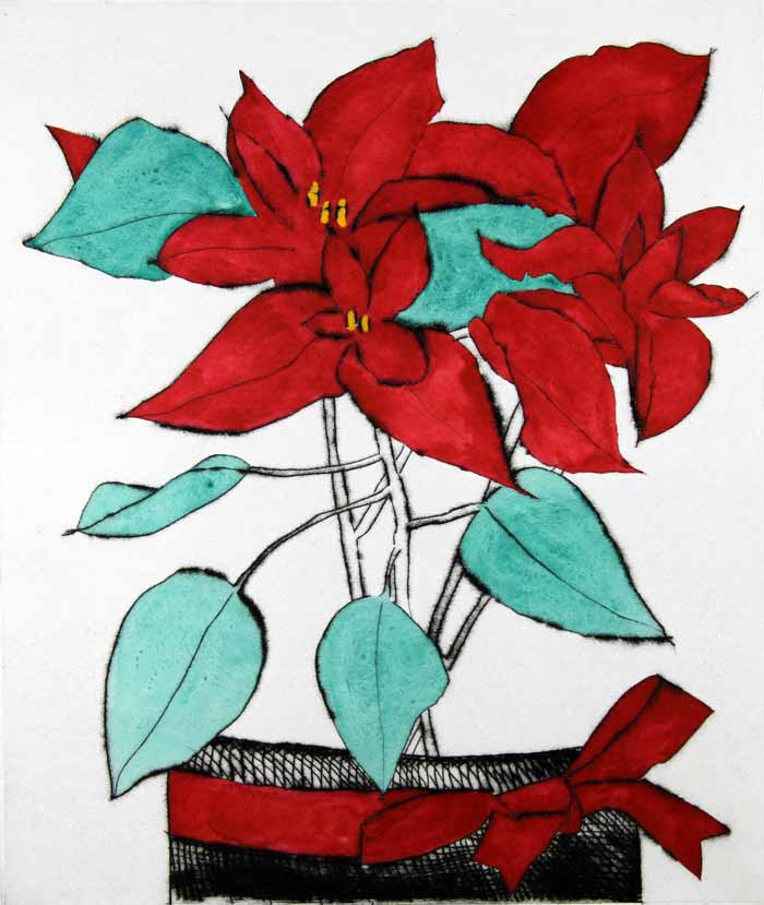 Poinsettia - Limited Edition drypoint and watercolour fine art print by artist Richard Spare