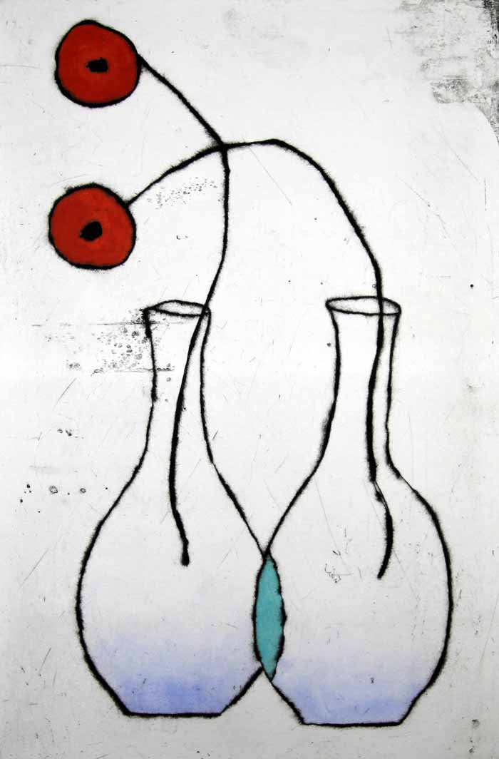 Poppy Duet - Limited Edition drypoint and watercolour fine art print by artist Richard Spare