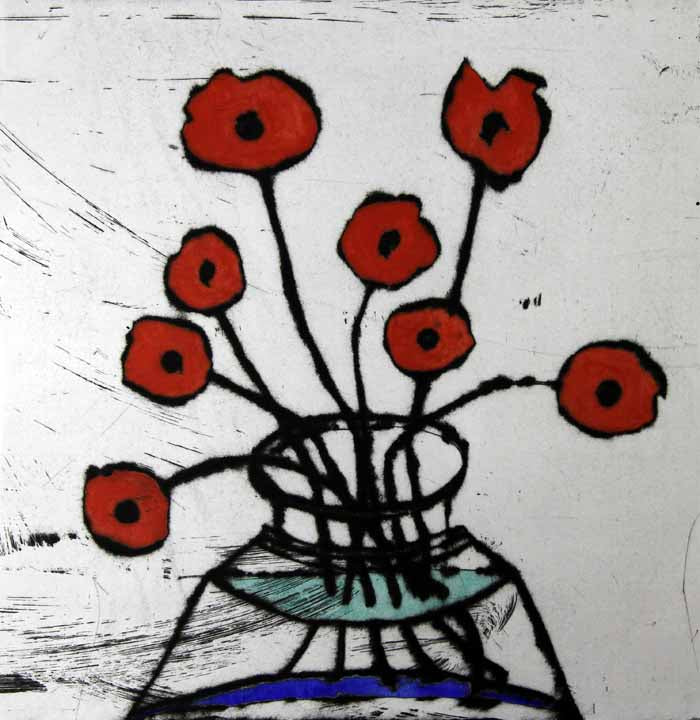 Poppy Spray - Limited Edition drypoint and watercolour fine art print by artist Richard Spare