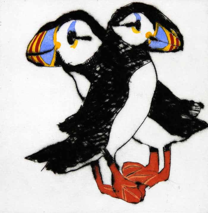 Puffin Pair - Limited Edition drypoint and watercolour fine art print by artist Richard Spare
