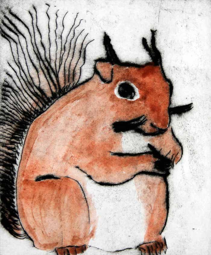 Red Squirrel - Limited Edition drypoint and watercolour fine art print by artist Richard Spare