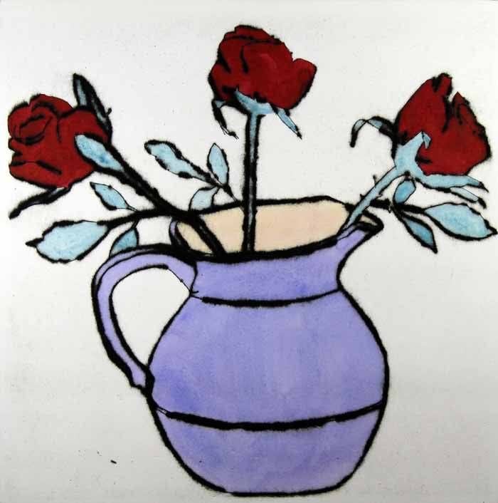 Roses in a Jug - Limited Edition drypoint and watercolour fine art print by artist Richard Spare