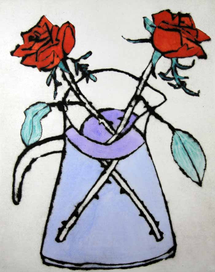 Scarlet Roses - Limited Edition drypoint and watercolour fine art print by artist Richard Spare
