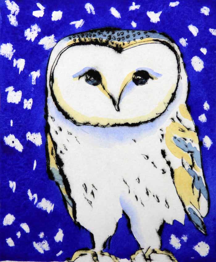 Snowy Owl - Limited Edition drypoint and watercolour fine art print by artist Richard Spare