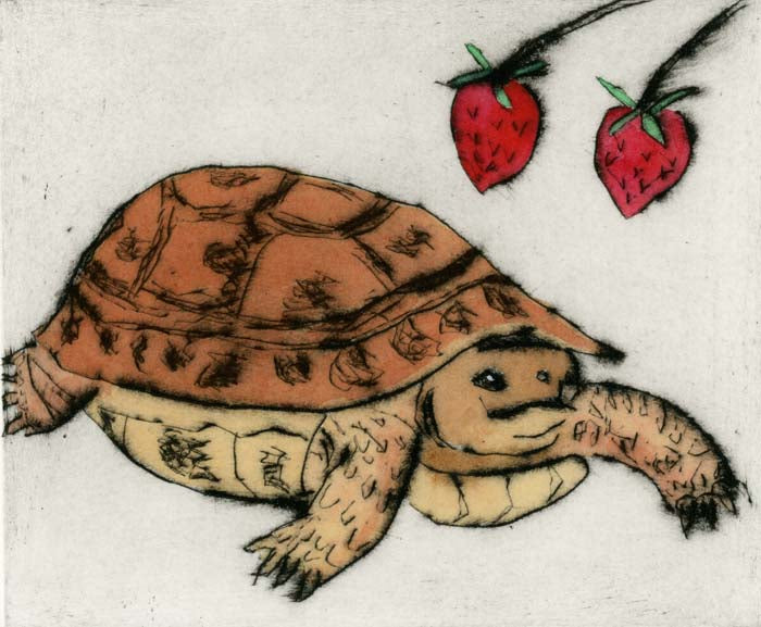 Strawberry Tortoise - Limited Edition drypoint and watercolour fine art print by artist Richard Spare