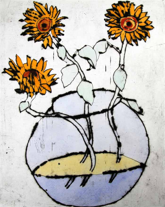 Sunflower Bowl - Limited Edition drypoint and watercolour fine art print by artist Richard Spare