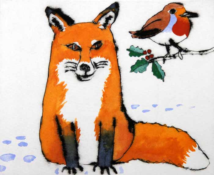 Winter Duo - Limited Edition drypoint and watercolour fine art print by artist Richard Spare