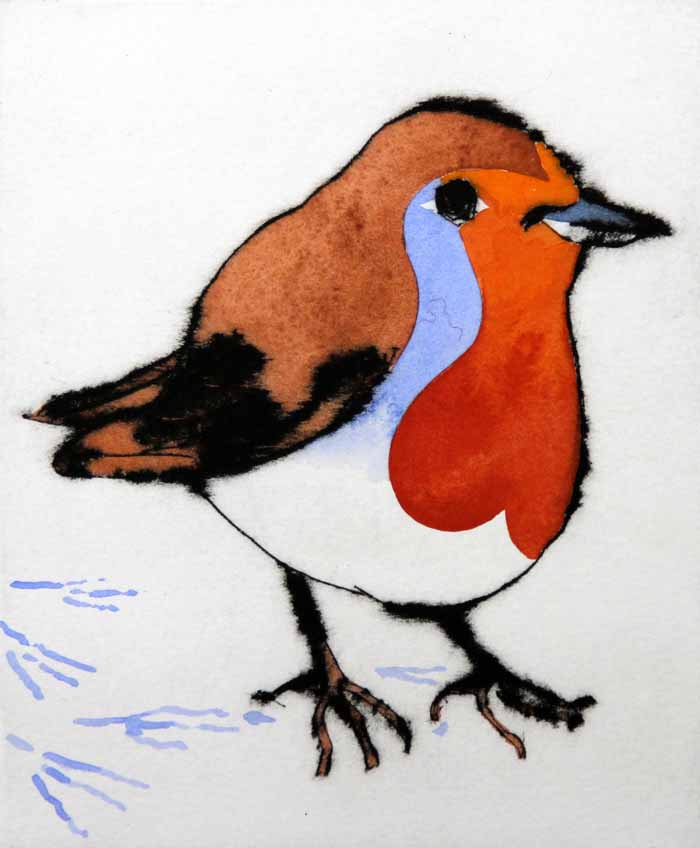 Winter Robin - Limited Edition drypoint and watercolour fine art print by artist Richard Spare