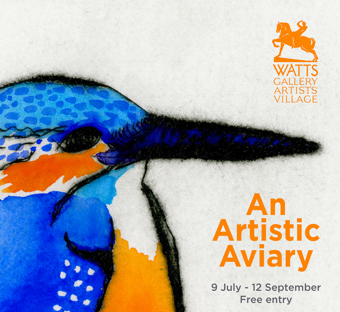 Detail of the exhibition poster for 'An Artistic Aviary' at the Watts Contemporary Gallery, featuring Richard Spare's Perching Kingfisher