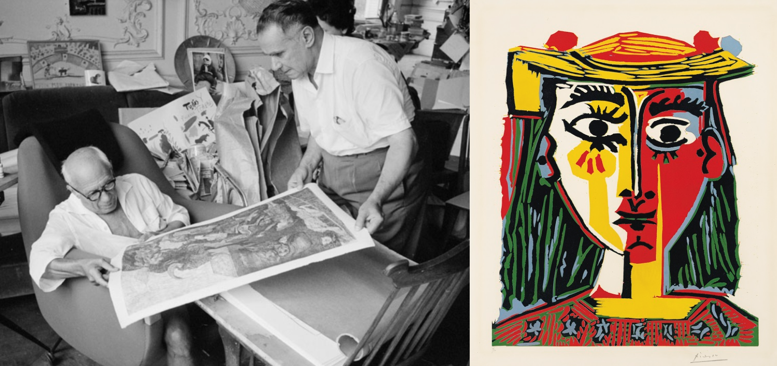 The banner image from article 'The Art of Printmaking' depicting Picasso and his famous linocut 'Buste de Femme au Chapeau' (1962).