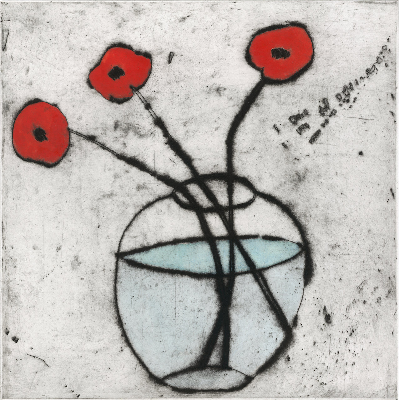 Bright Poppies - Limited Edition drypoint and watercolour fine art print by artist Richard Spare depicting three poppies in a glass vase