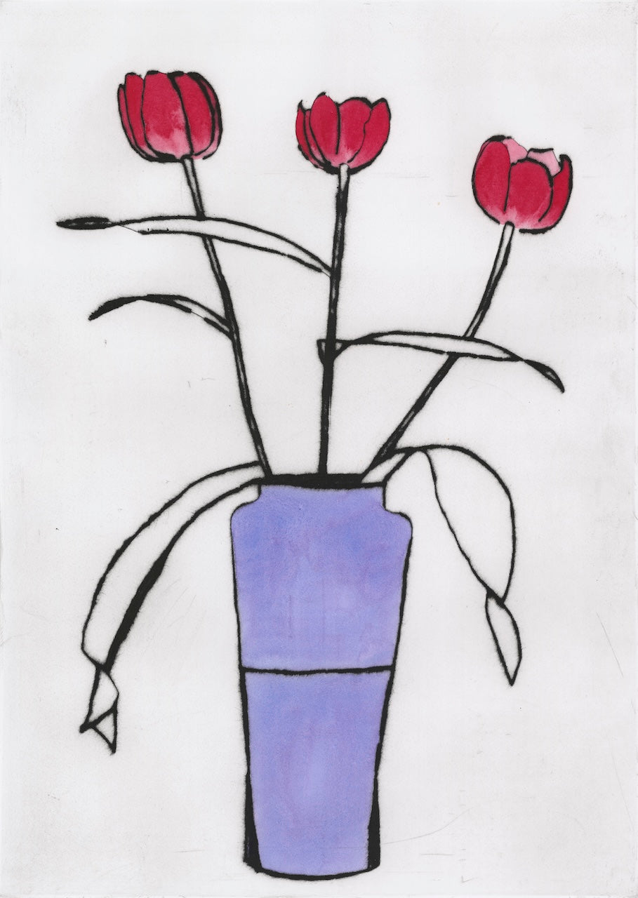 Morning Tulips - Limited Edition drypoint and watercolour fine art print by artist Richard Spare