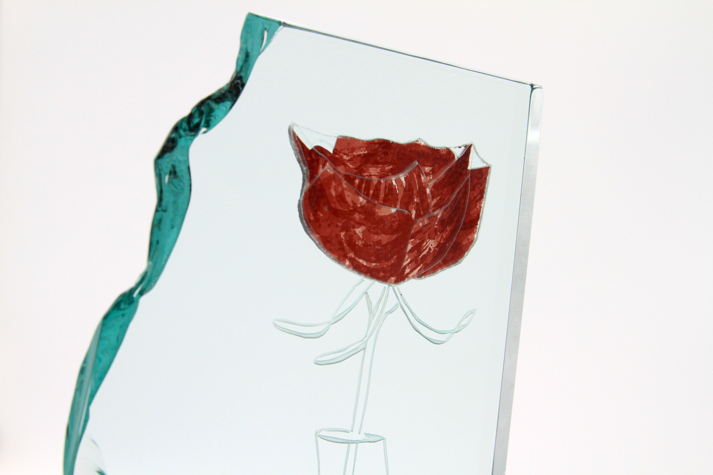 Detail of the front of glass sculpture 'Rose' by artist Richard Spare