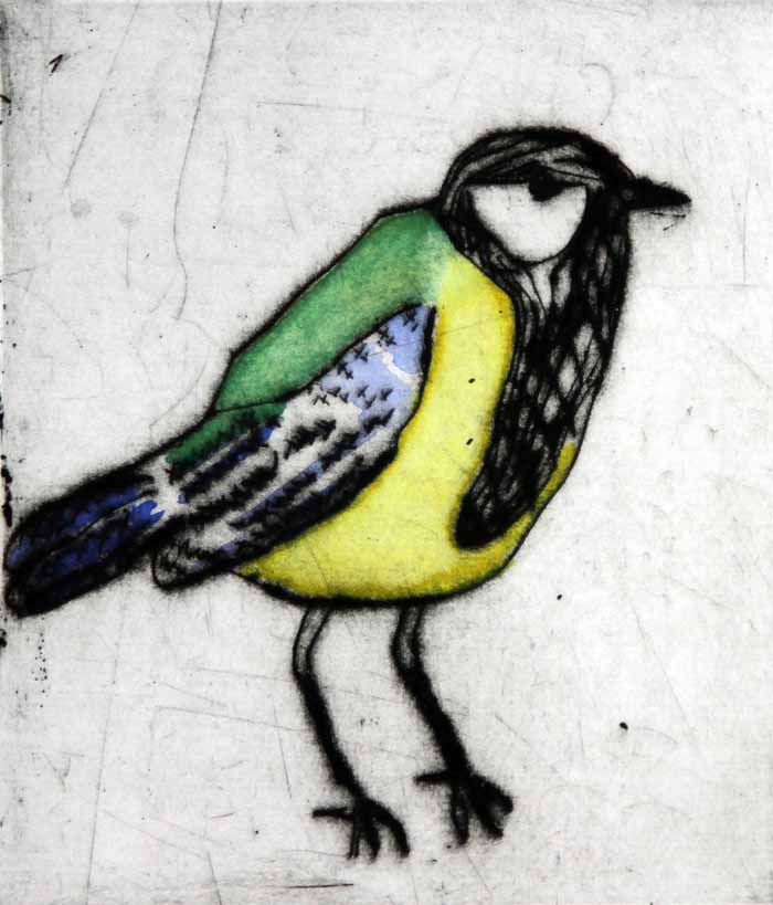 Bashful Great Tit - Limited Edition drypoint and watercolour fine art print by artist Richard Spare