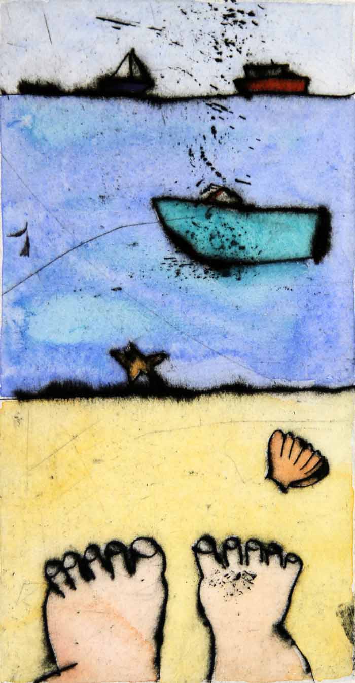 Beach Days - Limited Edition drypoint and watercolour fine art print by artist Richard Spare
