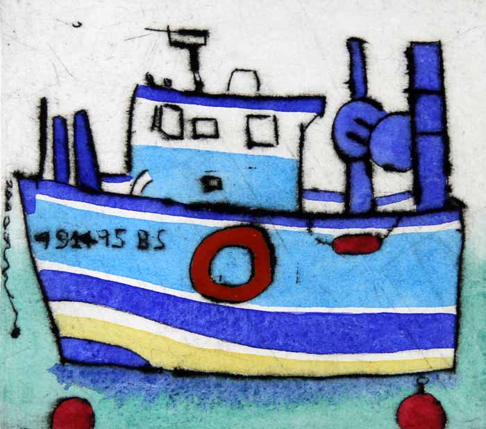 Blue Boat - Limited Edition drypoint and watercolour fine art print by artist Richard Spare