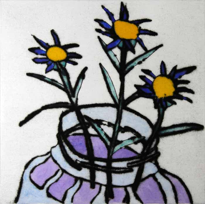 Blue Daisies - Limited Edition drypoint and watercolour fine art print by artist Richard Spare