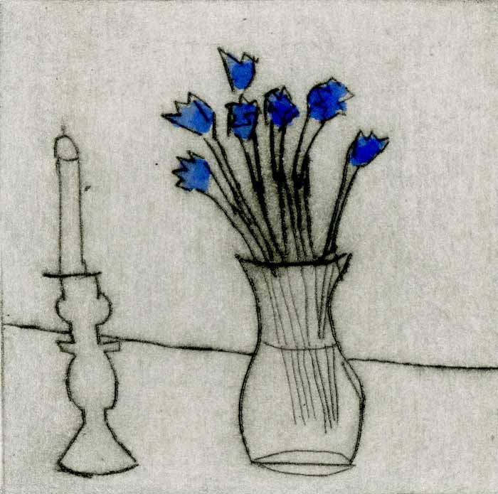Candlestick + Flowers - Limited Edition drypoint and watercolour fine art print by artist Richard Spare