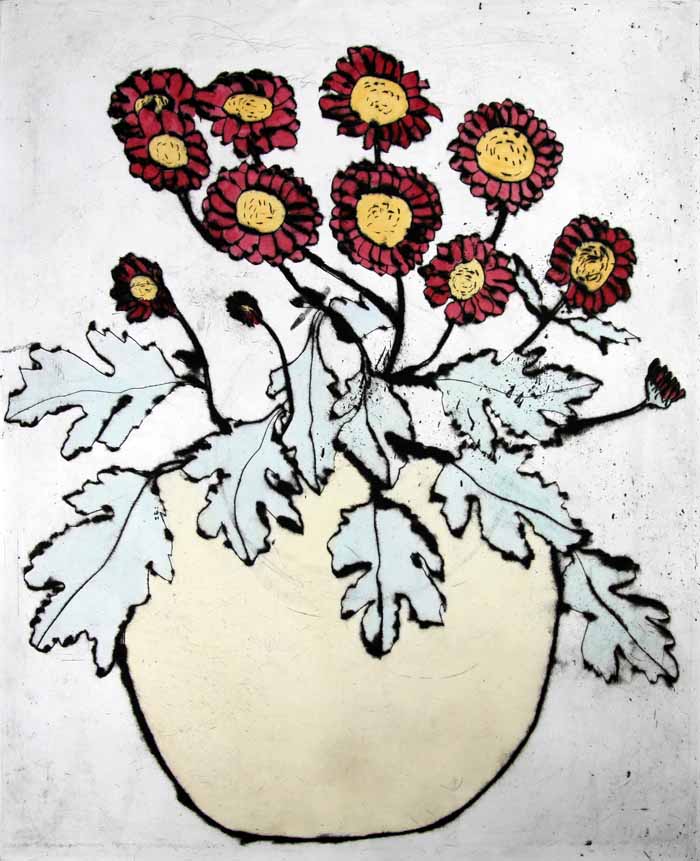 Chrysanthemums - Limited Edition drypoint and watercolour fine art print by artist Richard Spare