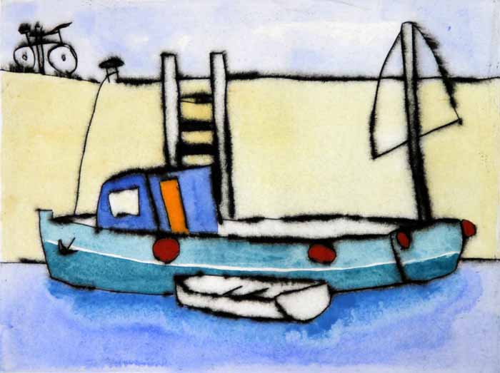 Cycle to the Quay - Limited Edition drypoint and watercolour fine art print by artist Richard Spare