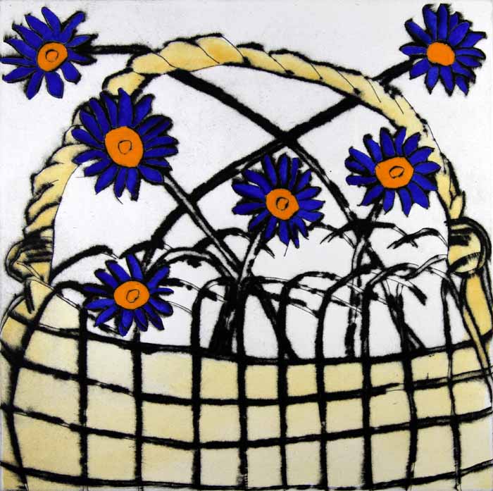 Daisy Basket - Limited Edition drypoint and watercolour fine art print by artist Richard Spare