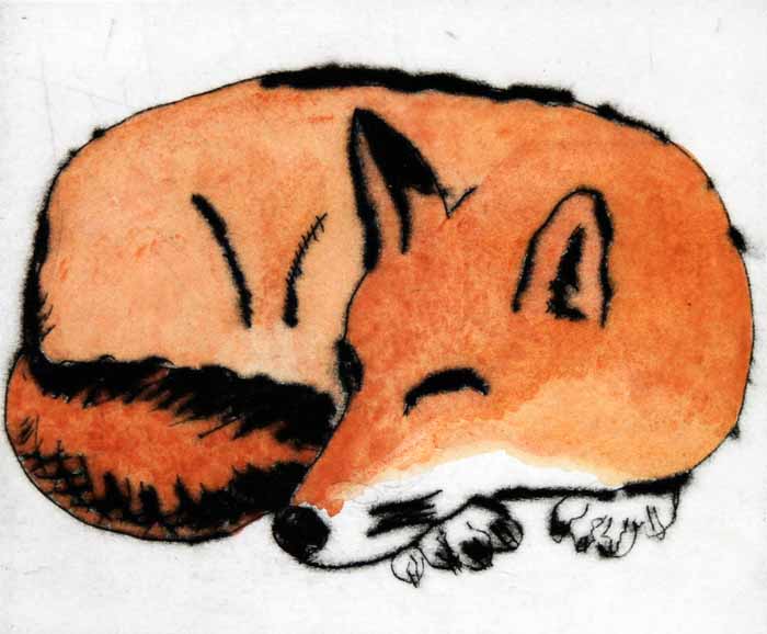 Fox - Limited Edition drypoint and watercolour fine art print by artist Richard Spare