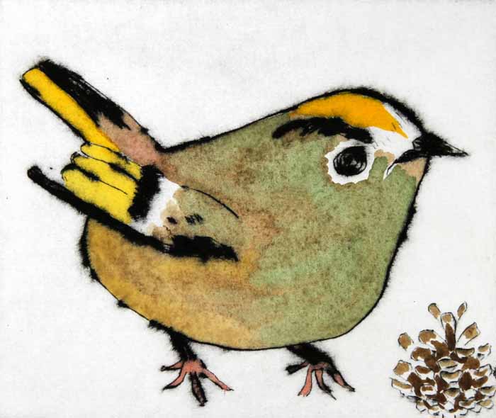 Goldcrest - Limited Edition drypoint and watercolour fine art print by artist Richard Spare
