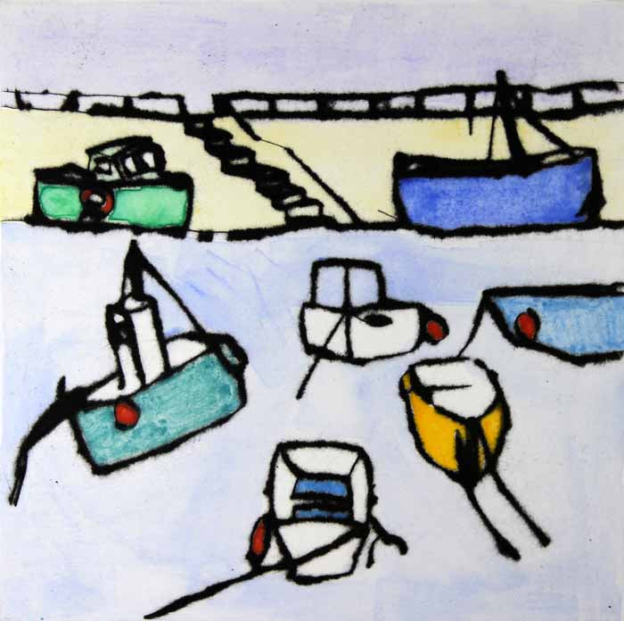 Harbour - Limited Edition drypoint and watercolour fine art print by artist Richard Spare