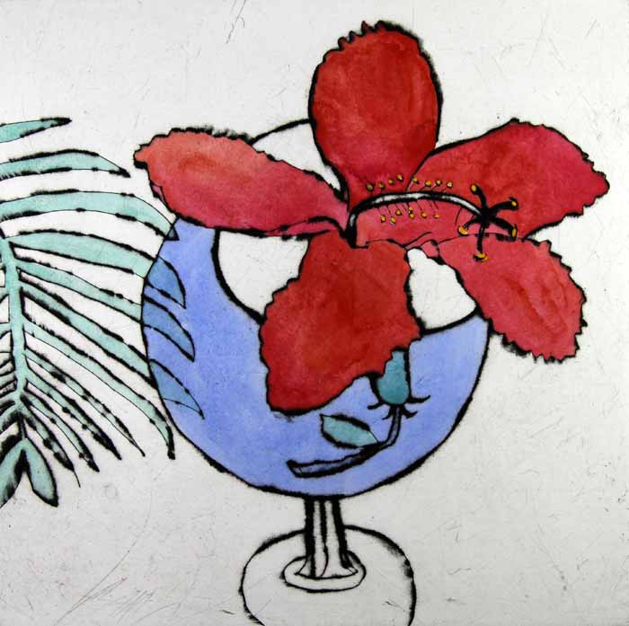 Hibiscus - Limited Edition drypoint and watercolour fine art print by artist Richard Spare
