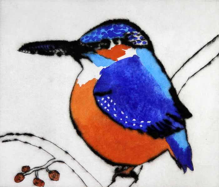 Kingfisher - Limited Edition drypoint and watercolour fine art print by artist Richard Spare